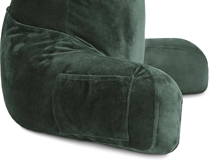 Husband Pillow Dark Green, Original Reading Pillow in Bed Rest Chair, Shredded Memory Foam Large Lounge Cushion Adult Backrest with Arms, Comfy Back Support for Sit Sitting Up, Wash/Removable Cover