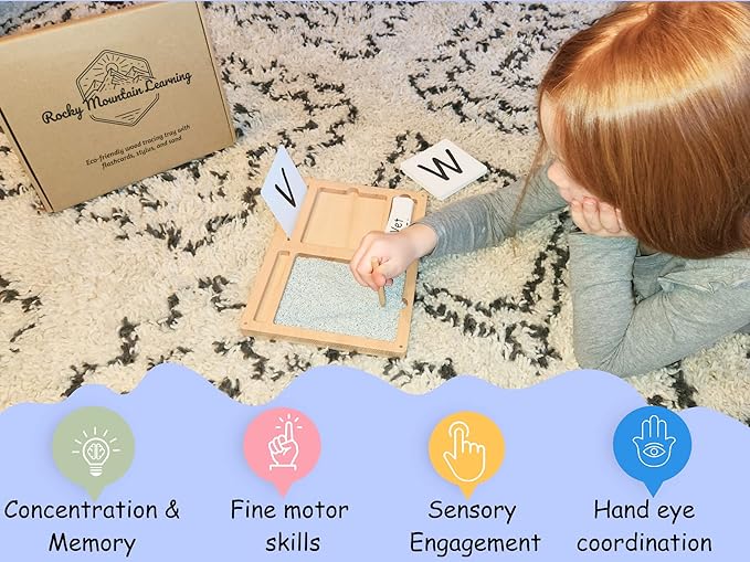 Montessori Sand Tray for Kids 3 4 5 6 Years Old Sand Writing Tray Learning Sensory Toy Educational Alphabet and Phonic Words Comes with Sand, Tray, Lid, 2 Sets of Flashcards, Stylus (Charcoal)