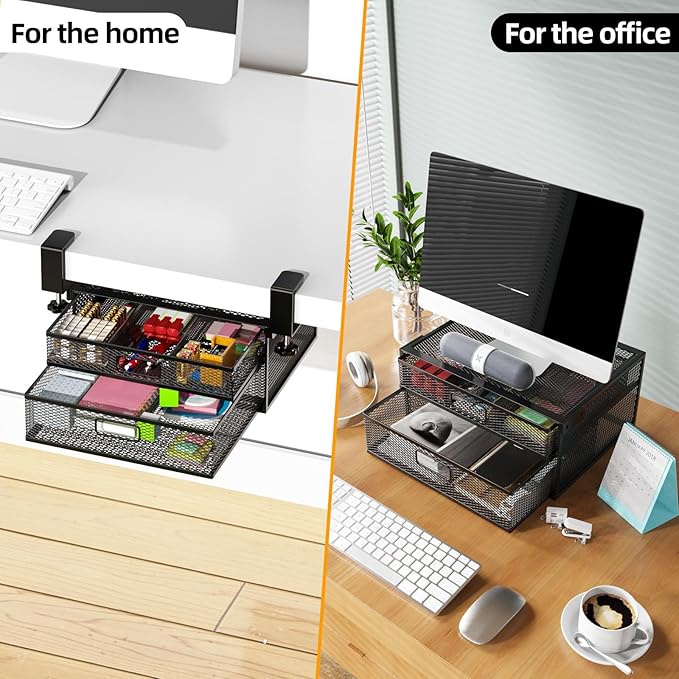 Under Desk Drawer Organizer No Drilling 2 Slide Out Drawer Under Desk Storage Drawer Clamp On Under Desk Management Drawer Organizer Suitable for Home and Office | No Drilling, Clamp On, Organizer
