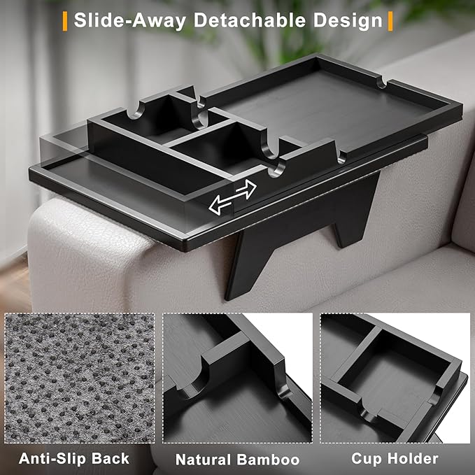 Bamboo Couch Cup Holder Tray - 2 in 1 Couch Armrest Table with Be Slide-Away Detachable Double Holder - Foldable Sofa Armchair Caddy for Drinking Snacks iPad TV Remote (Black)