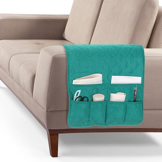 uxcell Couch Sofa Armrest Organizer Non-Slip Chair Arm Recliner Remote Control Organizer with 6 Pockets for Books, Magazines, Tablet, Phone, Plaid Green