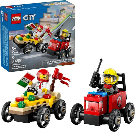LEGO City Pizza vs. Fire Truck Race Car Pack Toy - Building Toy for Kids, Boys and Girls, Ages 5+ - Gift for Birthdays and Holidays - Includes Chef and Firefighter Minifigures - 60458