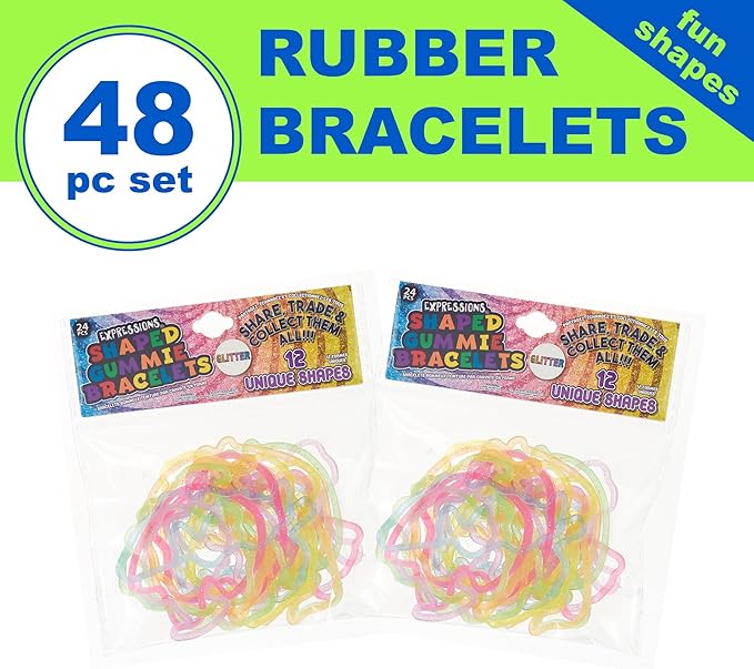 Expressions 48pc Shaped Gummie Bracelets - Bulk Pack Colorful Pastel Glitter Rubberband Bracelets, Kids Party Favors & Bracelet Kit