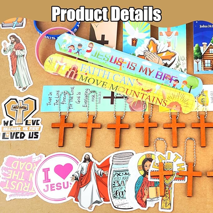 128Pcs Christian Christmas Party Favors Religious Gifts for Kids, With Bible Verse Bookmarks Cross Charm Keychains Jesus Bracelets Badge Stickers, for Sunday School Classroom Reward Prize
