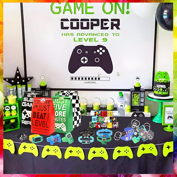 24 sets of Video Game Party Favors, 220 Pcs Gamer party Favors - Gaming Birthday Goodie Bags Included Gift Bags, Game Keychain, Slap Bracelet, Stickers, Game Ring, Hand Strap for Gaming Kids