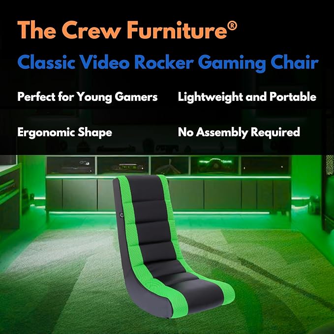 The Crew Furniture Classic Video Rocker Floor Gaming Chair, Kids and Teens, Racing Stripe PU Faux Leather & Polyester Mesh, Black/Green
