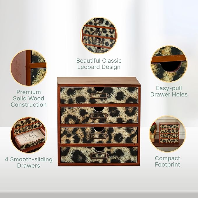 Classic Leopard Print Wooden Desk Organizer - 4-Drawer Desktop Storage - Rustic Wood Cabinet for Office Supplies, Craft Tools, & Home Organization - Luxurious Drawer Unit
