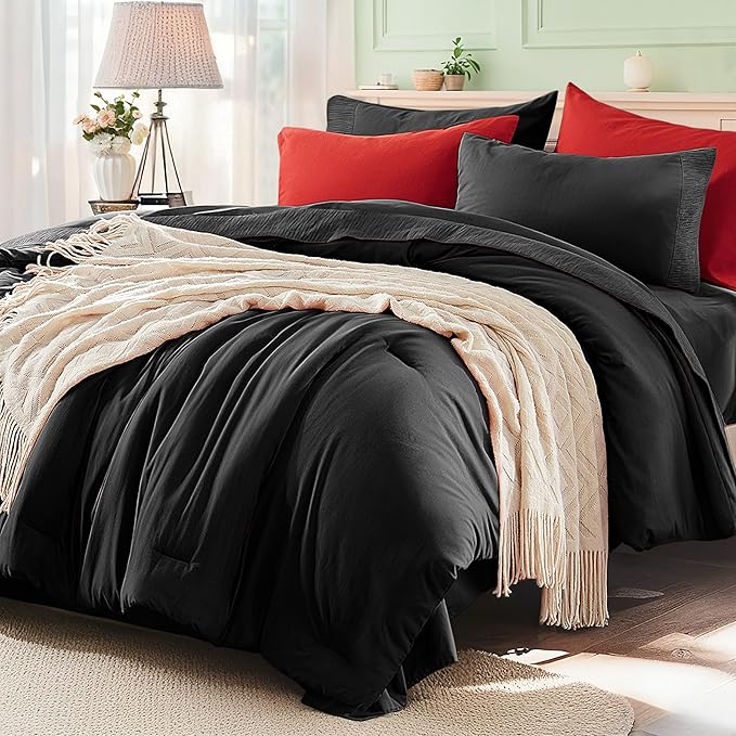 Anluoer Black and Red Full Comforter Set 7 Pieces, Bed in a Bag with Sheets, All Season Bedding Sets with 1 Comforter, 2 Pillow Shams, 2 Pillowcases, 1 Flat Sheet, 1 Fitted Sheet