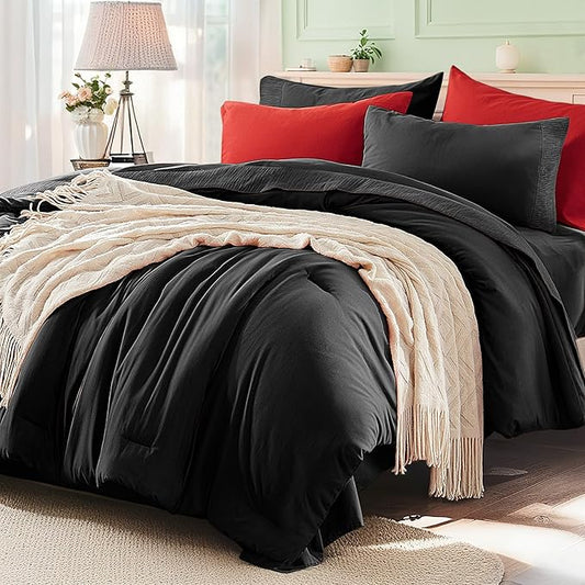 Anluoer Black and Red Queen Comforter Set 7 Pieces, Bed in a Bag with Sheets, All Season Bedding Sets with 1 Comforter, 2 Pillow Shams, 2 Pillowcases, 1 Flat Sheet, 1 Fitted Sheet