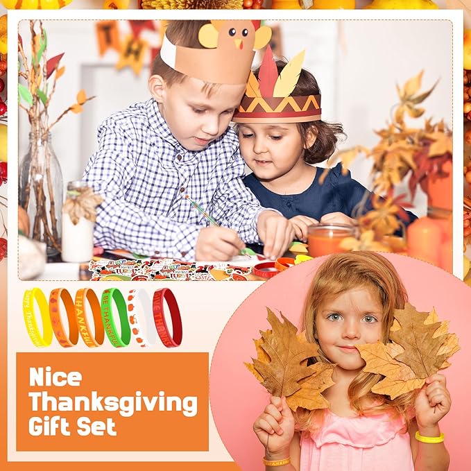 24 Set Fall Pumpkin Party Favor Thanksgiving Party Supplies Maple Turkey Keychain Pencil Straw Sticker Silicone Bracelet for Thanksgiving Goodie Bag Fillers Classroom Gifts