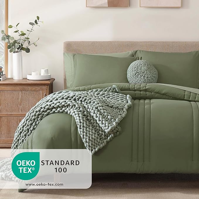 Monbix Full Comforter Set - 7 Pieces Light Sage Green Bed in a Bag Full Size Bedding Sets with Comforters, All Seasons Comforter with Sheets, Pillowcases & Shams