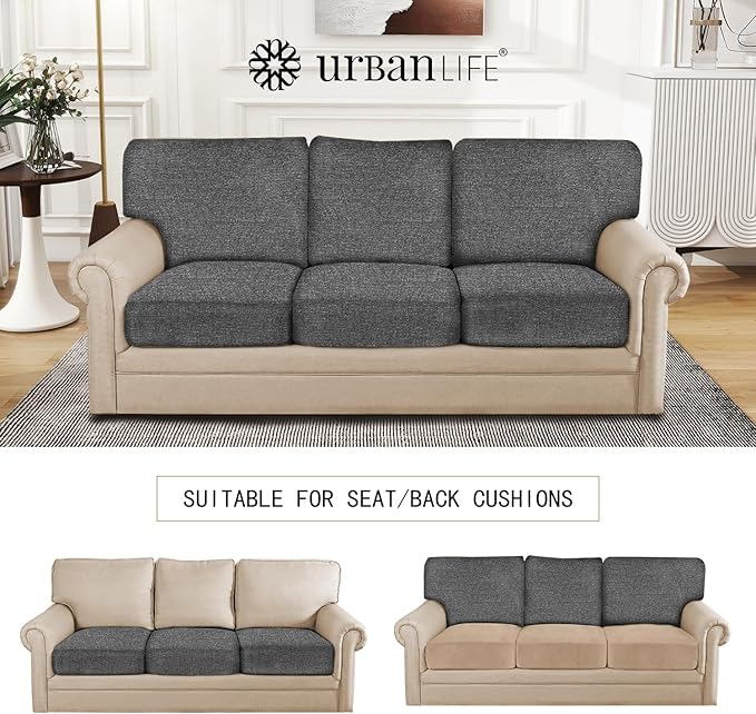 URBANLIFE Stretch Couch Cushion Covers Set of 3 – Replacement Individual Sofa Seat and Back Cushion Slipcovers with Full Elastic Hem, Soft Textured Fabric, Fits 27"x38", Machine Washable (Gray)