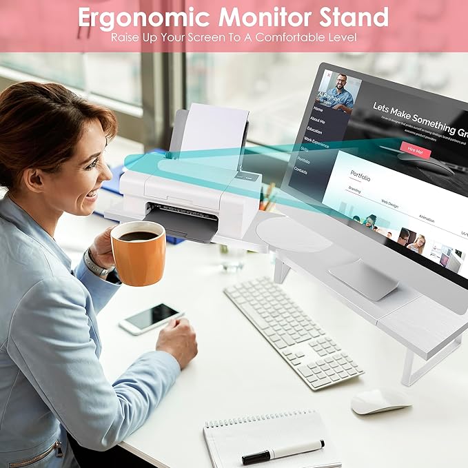 Across-Star Dual-Monitor-Riser-Stand-For-Desk, Large Monitor Stand Riser For 2 Monitors With Adjustable Length Angle, Double Computer Riser For Desktop Organizer, Monitor Shelf Riser
