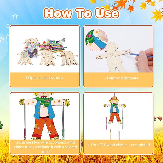 Fennoral 12 Pack Scarecrow Wind Chime Kit for Kids Make You Own Scarecrow Craft Kit DIY Arts and Crafts for Boys Girls Fall Art Activities Halloween Autumn Harvest Thanksgiving Decoration
