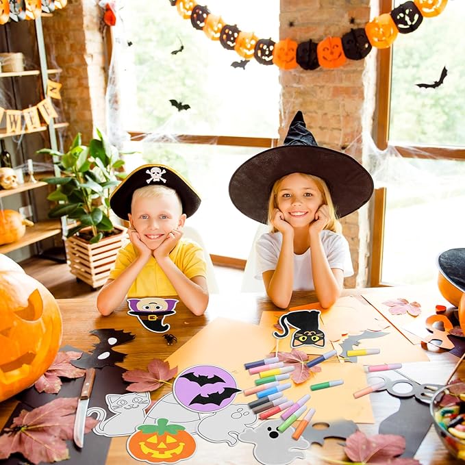 24 Sets Halloween Sand Art Craft Kit for Kids Halloween Pumpkin Candy Ghost Witch Cat Bat Painting Kit with Colored Sand Brushes Create Your Own Sand Art for Halloween Party Fun Activities