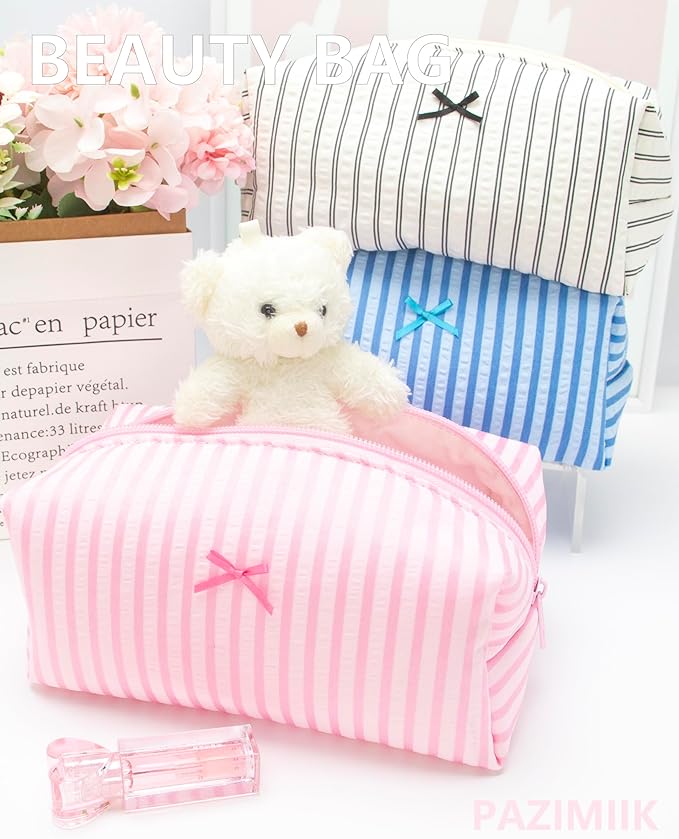 6PCS Cozy Makeup Bag Small Aesthetic Travel Zipper Cosmetic Pouch for Women Make Up Beauty Accessories Brushes, Stripe Cute Pink