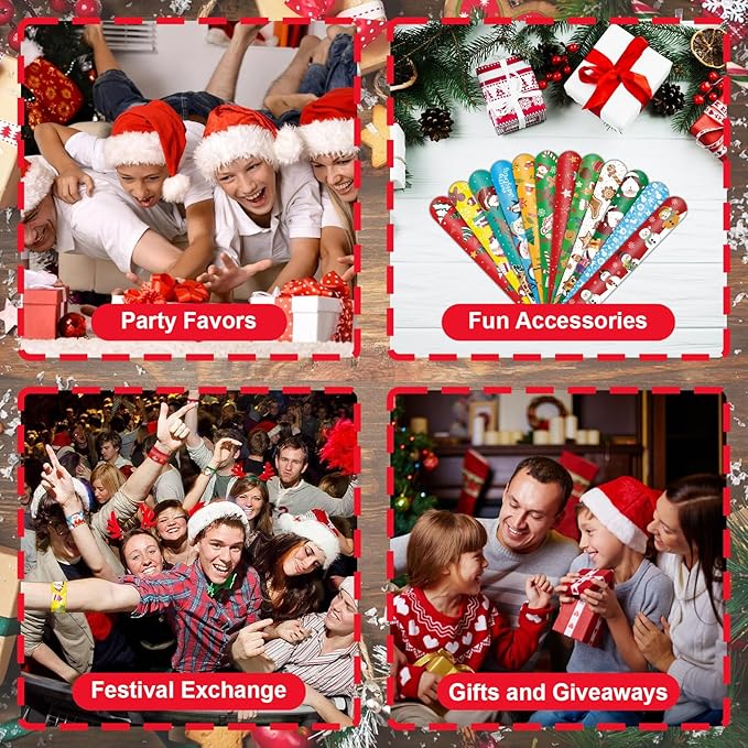 48 Pieces Christmas Slap Bracelets Bulk - 12 Assorted Designs Holiday Snap Bands, Santa Claus, Snowman, Reindeer Themed Party Favors for Kids Adults, Xmas Stocking Stuffers, Classroom Prizes