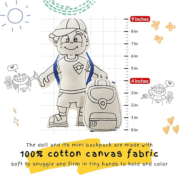 Color Your Boy Doll - Washable Art Toy with Cap & Mini Backpack - Educational Craft for Creative Play - Washable Markers Included
