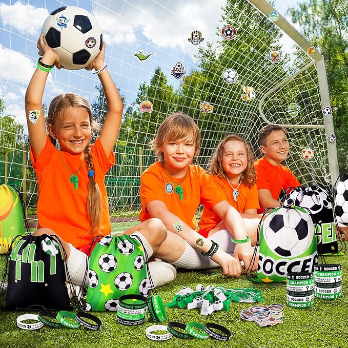 98Pcs Soccer Party Favors, Soccer Drawstring Bags with Silicone Bracelet Soccer Whistles Stickers Soccer Goodie Bags for Soccer Party Decorations Supplies