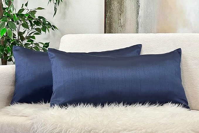 Aiking Home 12x24 Inches Faux Silk Rectangular Throw Pillow Cover, Zipper Closure, Navy (Set of 2)