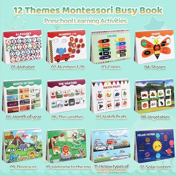 Montessori Busy Book for Toddler, Preschool Learning Activities & Educational Toys, 12 Themes Preschool Workbook Activity Binder, Autism Learning Materials and Travel Toys Books for 2 3 4 5 Year Olds