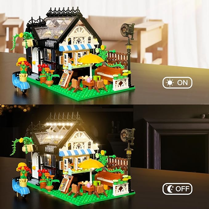 Flower Garden House Building Set with Led Lights,Greenhouse Model Playset City Street Flower Shop Building Blocks Kits for Adults Kids 8+ Present Black（475PCS ）