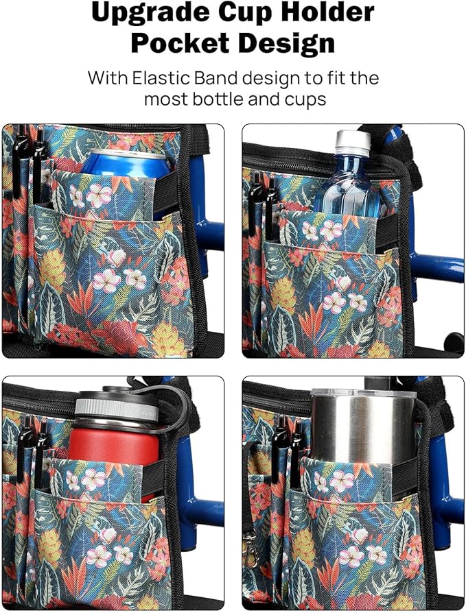 JOYTUTUS Wheelchair Side Bag, Upgraded Walker Pouch Bag with Cup Holder, Wheelchair Armrest Accessories for Walker, Rollator, Electric Scooter Wheelchairs, Ideal Gift for Seniors, Green