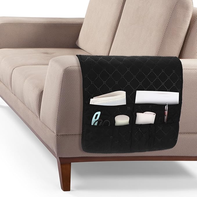 uxcell Couch Sofa Armrest Organizer Non-Slip Chair Arm Recliner Remote Control Organizer with 6 Pockets for Books, Magazines, Tablet, Phone, Plaid Black