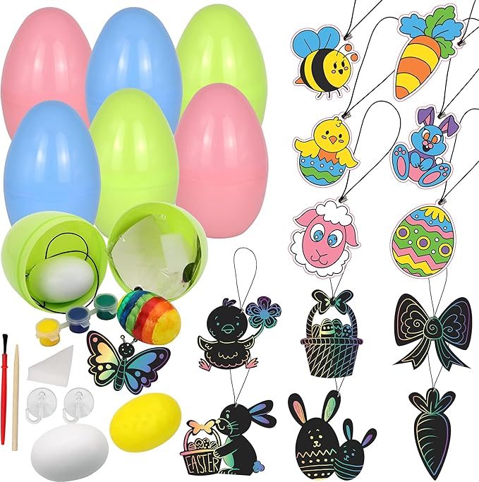 JOYIN 54 Pcs Easter Crafts Assortment Kit with Prefilled Easter Eggs Painting Kit Include Wooden Eggs, Suncatchers and Scratch Cards for Party Favor, Basket Stuffers Fillers
