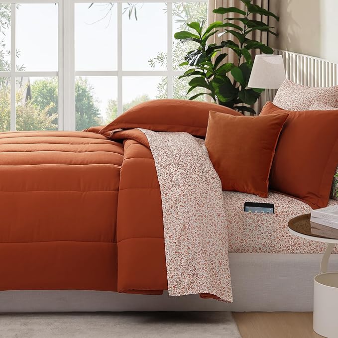 Monbix Full Comforter Set - 7 Pieces Burnt Orange Bed in a Bag Full Size Track Stitching Bedding Sets, All Seasons Comforter with Sheets, Pillowcases & Shams