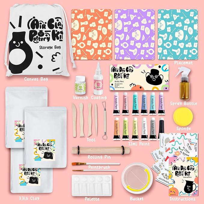 FosterToys™ Air Dry Clay Pottery Kit for Beginners | DIY Clay Kit for Adults, Sculpting Tools Set & Step-by-Step Guide, 12 Paints, Paintbrush,Varnish, Sponge, Kids Teen Christmas Birthday Holiday Gift