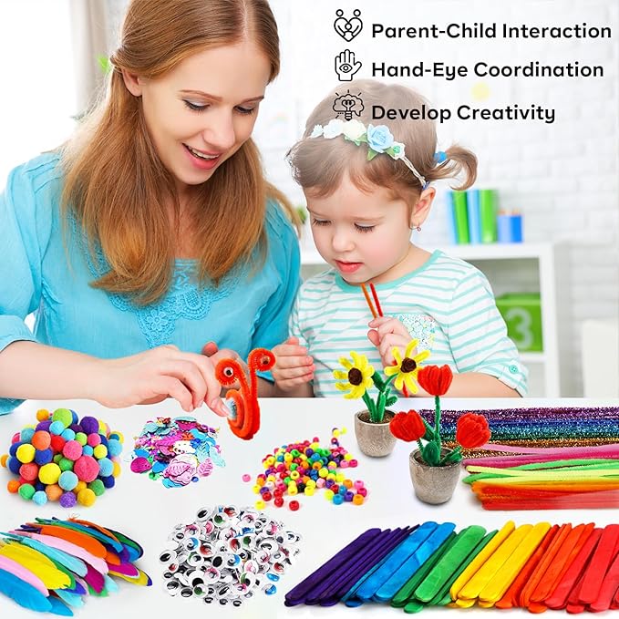 FUNZBO 1200pcs+ Arts and Crafts Supplies for Kids- Craft Kits with St Patricks Day Pipe Cleaners, Pom Poms for Crafts, Popsicle Sticks for Crafts, Crafts for Kids Ages 4-8 Girls & Boys
