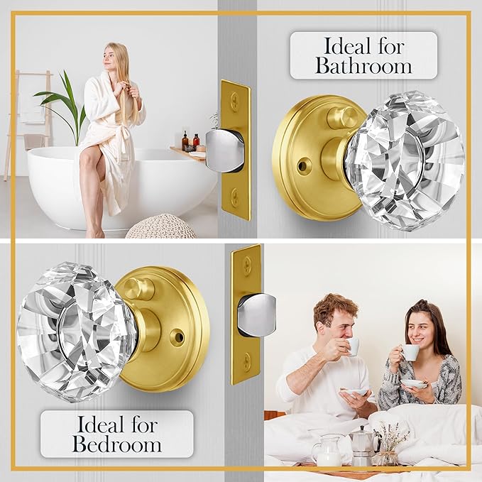 Crystal Door Knob with Lock, Glass Door Knobs Interior Privacy/Passage Set, Vintage Decorative Antique Style Handle for Bedroom, Bathroom, Closet (Gold, Privacy Function - 1 Pack)