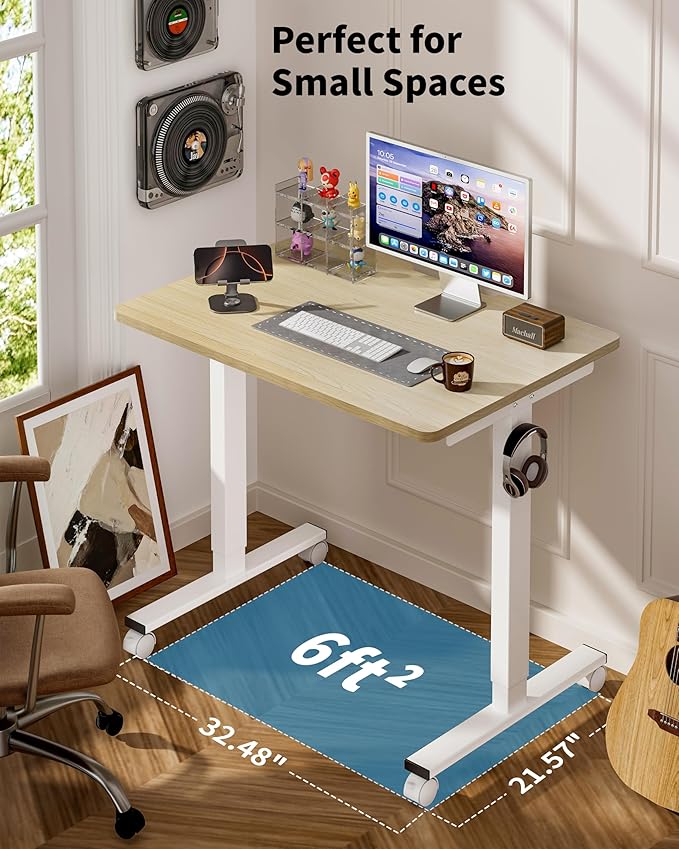 Okin Small Electric Standing Desk, 36" x 24" Whole Piece Height Adjustable Desk, Oak Sit to Stand Computer Workstation with Wheels for Home Office