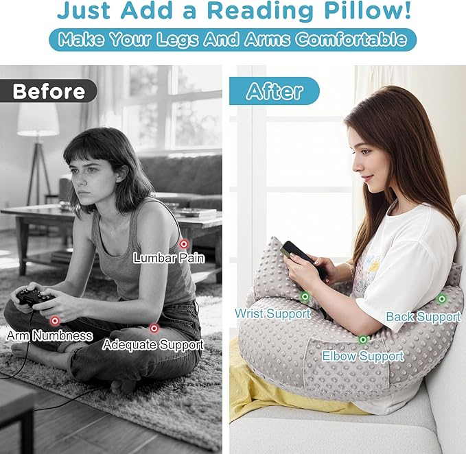 Crochet Lap Support Pillow - Multi-Purpose Reading Pillow for Gaming/Working/Nursing, with Removable Extra Back Pillow for Lumbar & Back Support, Enlarged U-Shape Gaming Lap Pillow, Grey