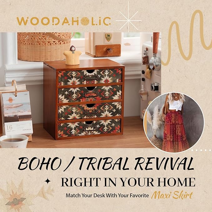 Boho Green Wooden Desk Organizer with Drawers – 4-Drawer Desktop Storage Box – Rustic Tribal Wood Desk Organizer for Office, Vanity, or Craft Supplies – Compact & Stylish Wooden Storage Drawers