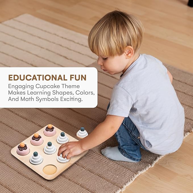 Childlike Behavior Toddler Toys Wood Puzzles - Montessori Toys to Learn Shapes, Colors, & Math Symbols for Preschool Kids, Boys & Girls - Early Educational Development (6 Cupcake pcs)
