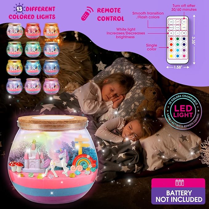 ACRABROS Unicorn Terrarium Kit for Girls: LED & Glow Stones Present for Birthday - DIY Art for Activity Toy Gift - Light up Decoration with Sand Set - Craft Idea for Kids Age 4 5 6 7 8-12 Year Old