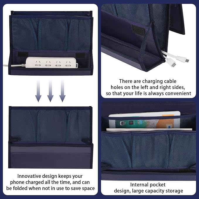 Bedside Storage Organizer with Power Strip Holder and Adjustable Straps Bed Hanging Bag for Home Bunk Bed Dorm Sofa (Navy Blue)