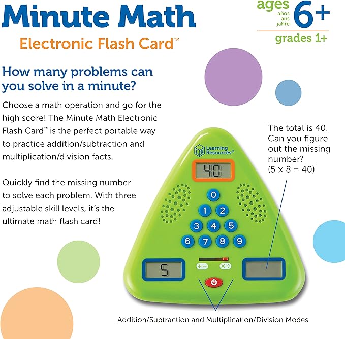 Learning Resources Minute Math Electronic Flash Card, Homeschool, Early Algebra Skills, 3 Difficulty Levels, Ages 6+