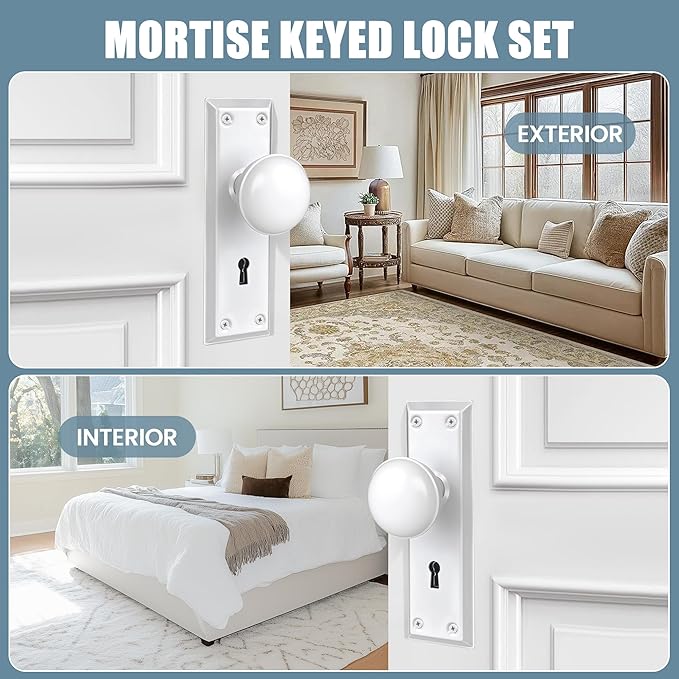 3 Pack Mortise Lock Set for Interior Door, White Door Knobs with Lock and Skeleton Key, Vintage Door Knobs for Old Style Doors