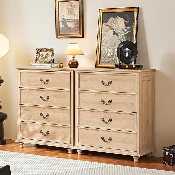 Farmhouse 4 Drawer Dresser for Bedroom, 37" Tall Rustic Chests of Drawers w/ 4 Solid Wood Feet, Mid Century Modern Wooden Closet Storage Dressers Organizer for Living Room, Hallway,Natural