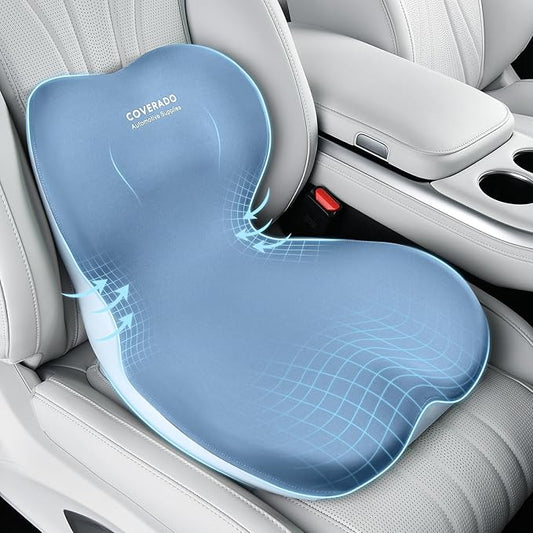Coverado Car Seat Cushion and Lumbar Support Pillow One Piece, Memory Foam Ergonomic Back Support Driving Seat Cushion for Back Pain, Non-Slip Washable Cushion for Car, Driver, Office