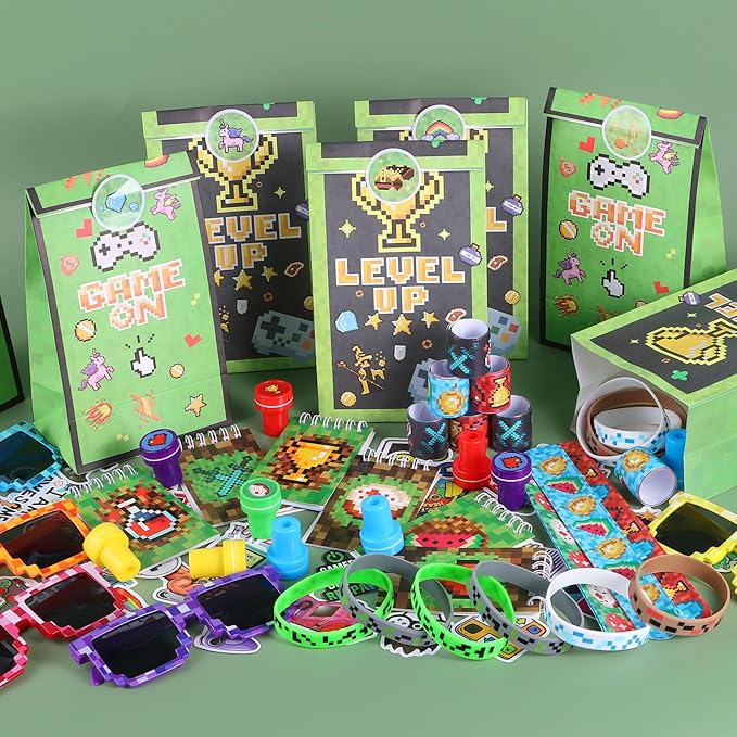 LiYiQ 122 Pcs Video Game Party Favors With Video Game Sunglasses Slap Bracelets Notebook Stamps Stickers and Gift Bag for Video Game Gamer Birthday Party Supplies