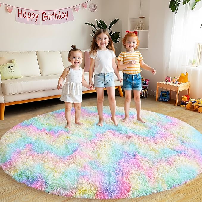 Xexsin Round Fluffy Rugs 8Ft for Girls Bedroom, Rainbow Shag Circle Kids Rug Non-Slip for Bedside Dorm Nursery Playroom, Soft Cute Area Rugs for Living Room Decor