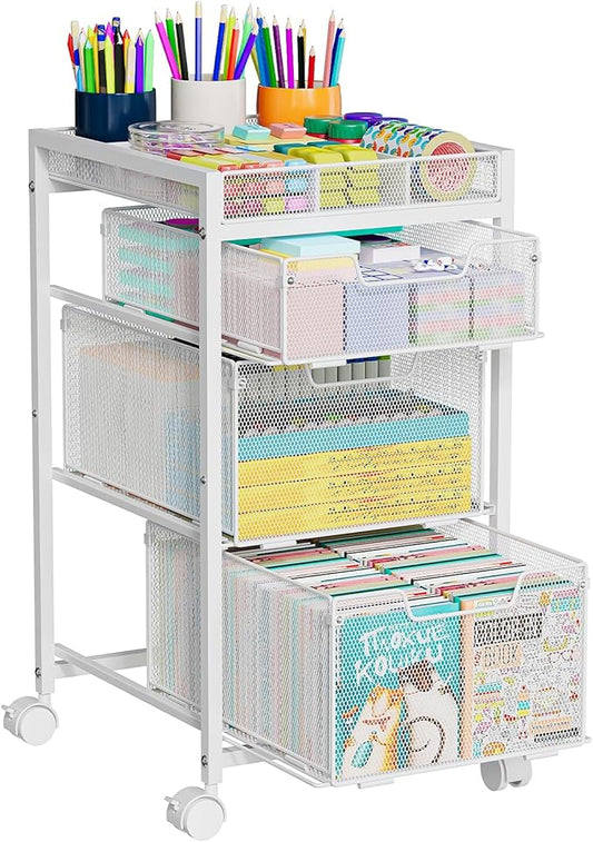 Rolling Utility Cart with 3 Drawers, Craft Organizer and Storage with DIY Divider, Lockable Wheels, Multi-Functional Storage for Art Supplies, Store for Brushes & Paints & Artifacts,White