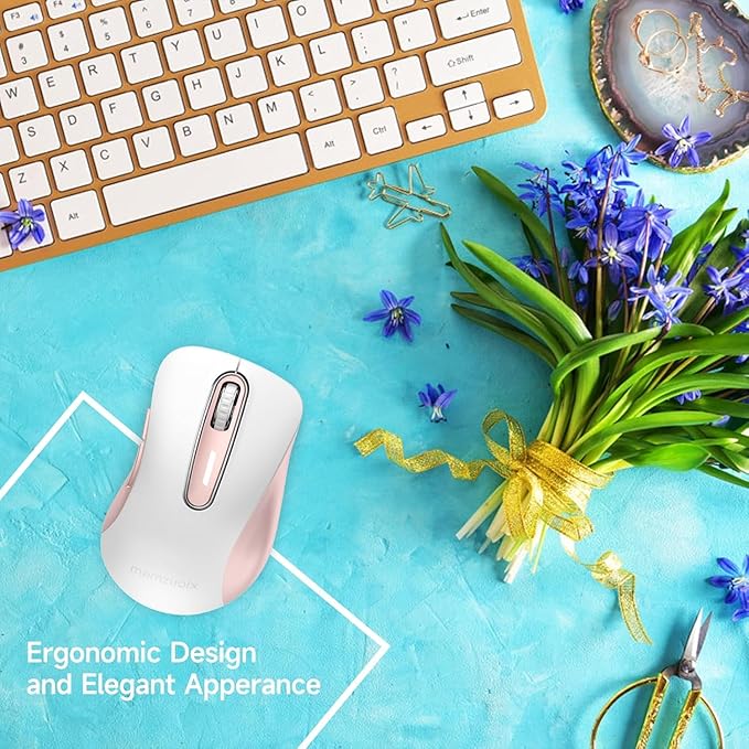 memzuoix 2.4G Wireless Mouse, 1400 DPI Computer Mice with USB Receiver, Portable Wireless USB Mouse Battery Powered Cordless Mice for Laptop, PC, Desktop, 5 Buttons (White Pink)