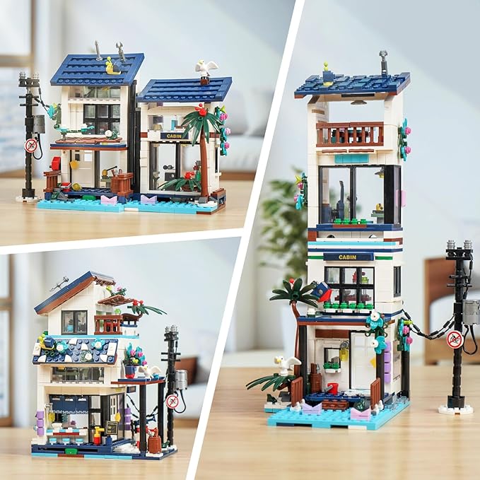 Creative 3 in 1 Vacation Beach House Building Set, Compatible with Lego Friends Seaside Villa, Girls Dream House Construction Educational Toy with Light, Birthday Gift for Kids Aged 6-12 (813 PCS)