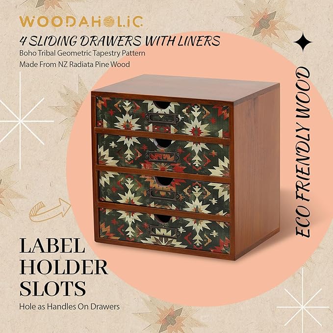 Boho Green Wooden Desk Organizer with Drawers – 4-Drawer Desktop Storage Box – Rustic Tribal Wood Desk Organizer for Office, Vanity, or Craft Supplies – Compact & Stylish Wooden Storage Drawers