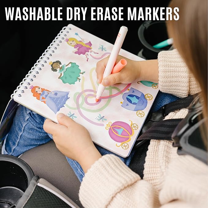 Kids Small Size Travel Educational Activity Books with Washable Markers (7"x7") - Car and Airplane Activities - Search and Find, Reusable Stickers for Ages 4, 5, 6 (Ocean & Space)